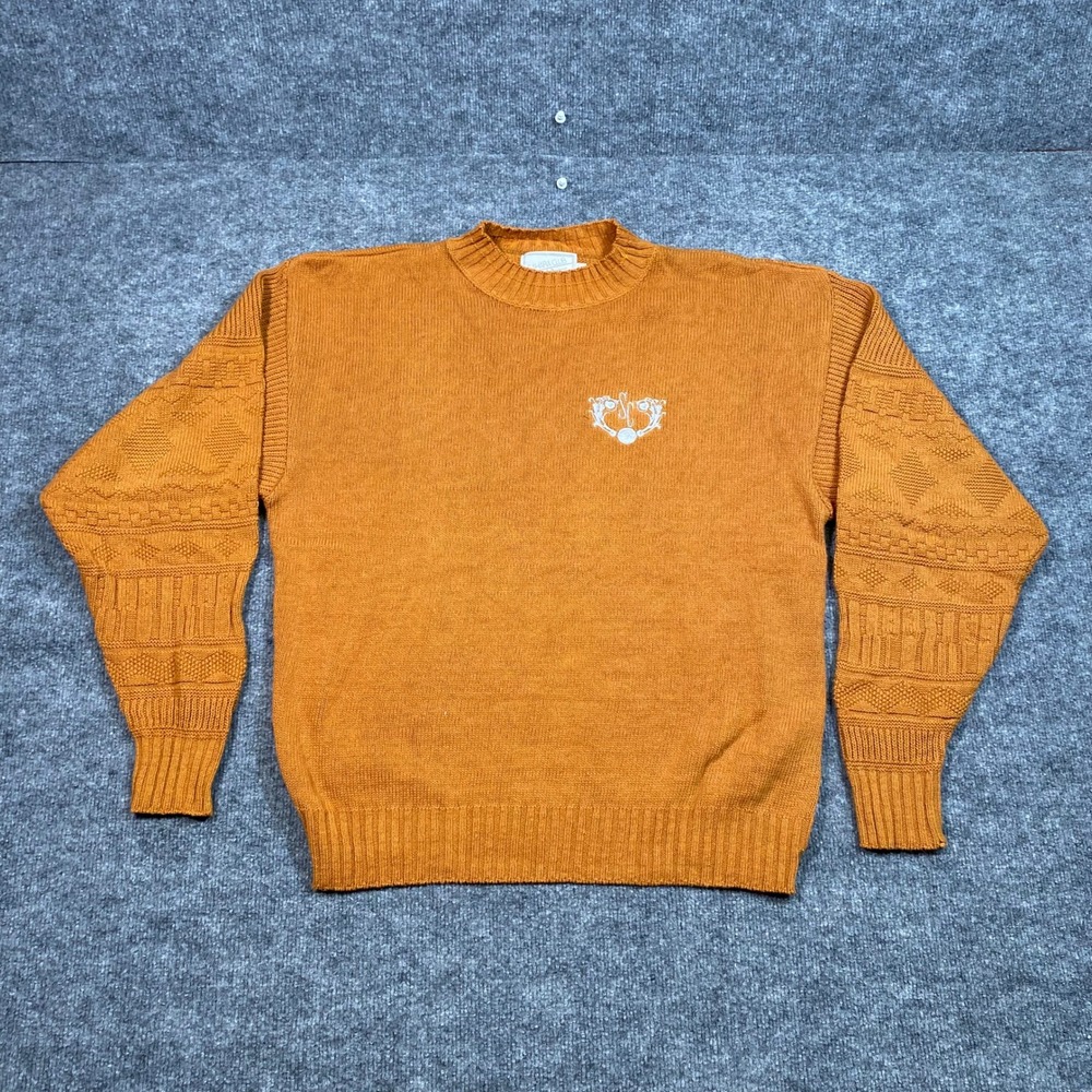 Sahara Club Mens Vintage 90s Cotton Textured Knit Crewneck Sweater Orange Large